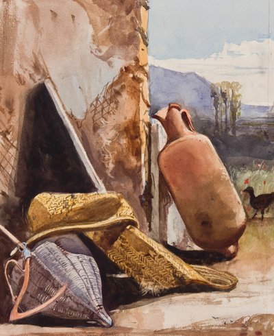 Baskets and amphora with bird, with additions by a Borbone pupil by Giacinto Gigante